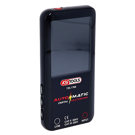 Schwarzes digitales Multimeter mit rotem Logo. Der Bildschirm ist schwarz. Es trägt die Aufschrift: KS TOOLS. AUTOMATIC DIGITAL Multimeter.